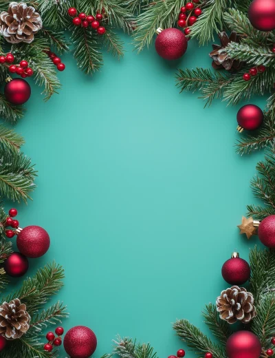 Christmas Garland Border on Matte Cyan Background