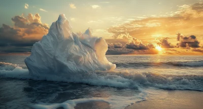 Ocean Waves at Sunset with Giant Plastic Icebergs