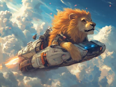 Lion on a Scifi Car in Manga Style