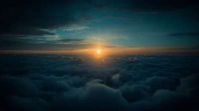 Aerial Sunset View Over Mountains and Clouds