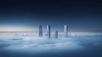 Floating Skyscrapers in Misty Cityscape