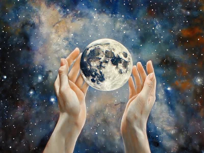 Moon and Stars Scooped by Feminine Hands