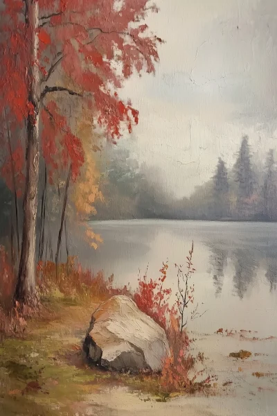 Vintage Autumn Lake Scene Oil Painting