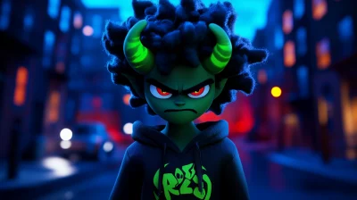 Green Demon Character in Pixar Style