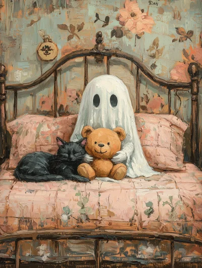 Vintage Oil Painting of Cute Ghost in Bed