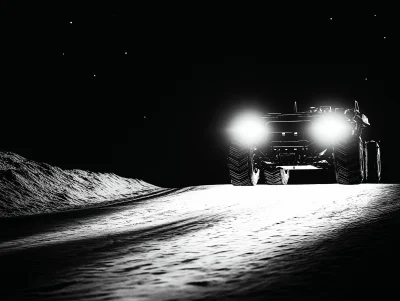 Futuristic Space Mining Vehicle on Desert Road at Night