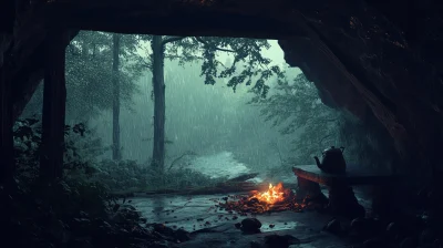 Forest Cave Shelter at Dusk