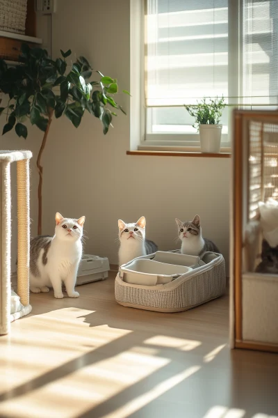 Three cats in a cattery room