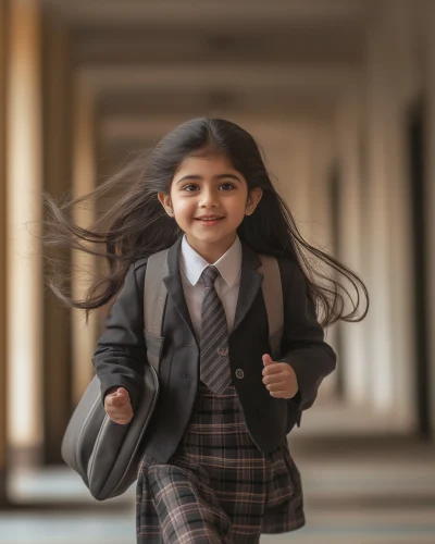 Happy schoolgirl running in corridor