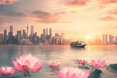 Modern Waterfront City with Pink Lotus Lilies and Ship Sailing