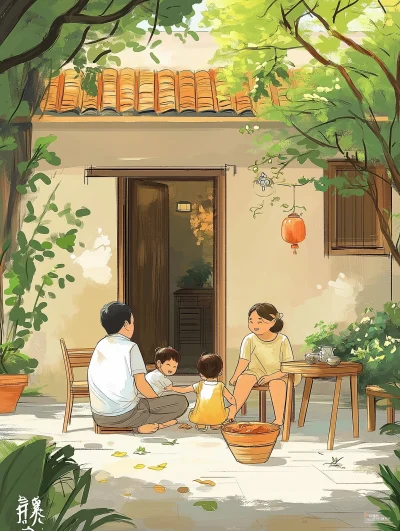 Family Resting in Courtyard Illustration