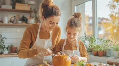 Mother and child carving pumpkin at home