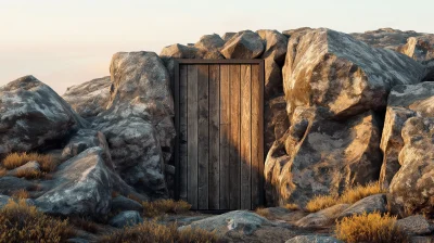 Stylish Wood Door in Rocky Landscape