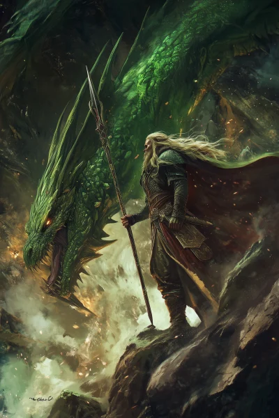 Odin and green dragon in MTG and D&D style