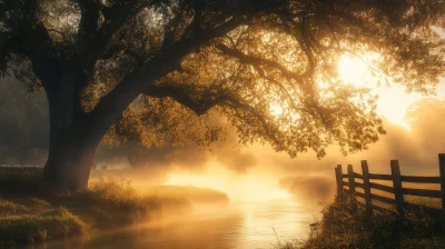 Tranquil Sunrise over Misty River