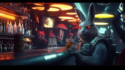 Futuristic Alice in Wonderland Bar Scene with Black Rabbit