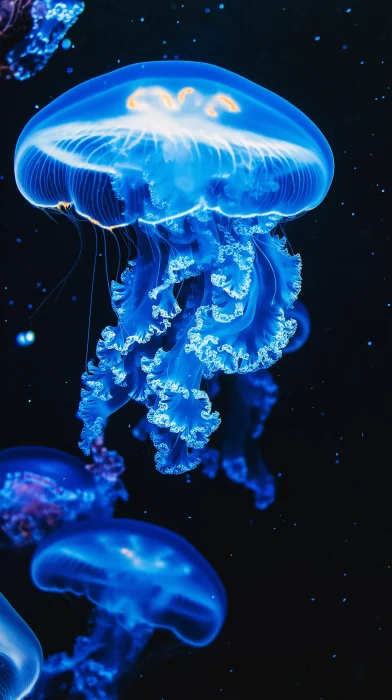 Glowing Jellyfish Underwater at Night