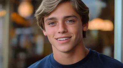 Smiling Young Man in Front of Store Window