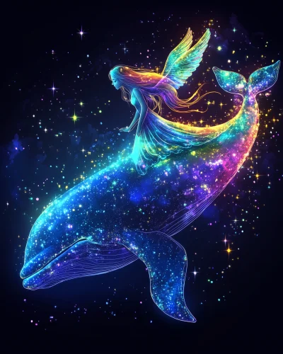 Rainbow Girl Riding a Whale with Angel Wings