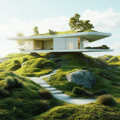 Modernist White House on Mossy Green Landscape