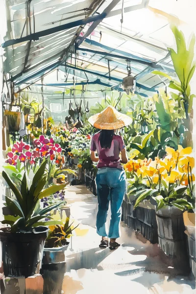 Orchid Farm Watercolor Painting