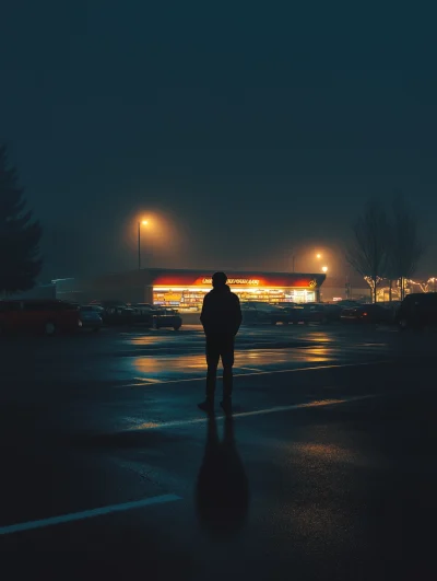 Man Standing in Supermarket Parking Lot at Night