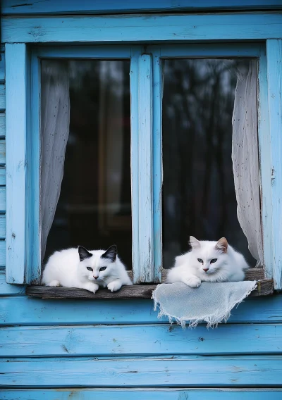 Two White Cats on Window Sill