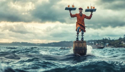 Waiter on Roller Skates Balancing on Barrel