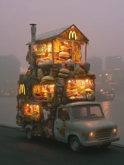 Surreal Night Scene with McDonald’s House on a Truck