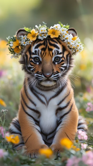 Fat Tiger Baby in a Sea of Flowers