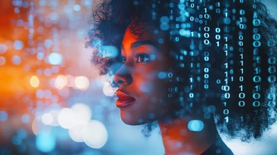 Double Exposure of African American Woman with Computer Code