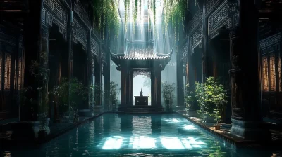 Ancient Chinese Architecture Interior with Water Elements