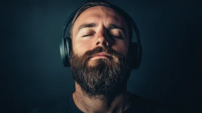 Bearded Man Listening to Music with Headphones