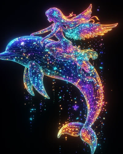 Neon Gradient Rainbow Girl Riding Dolphin Illustration