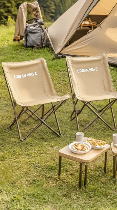 Outdoor camping chairs and tables in mountainous area