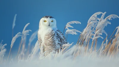 Snowy Owl Camouflaged in Tall Grasses