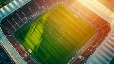 Aerial View of Soccer Stadium with Fans and Players at Golden Hour