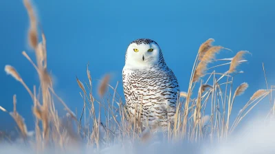 Snowy Owl Camouflaged in Tall Grasses