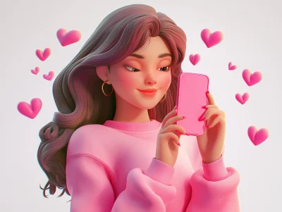 3D Woman with Smartphone and Hearts Illustration