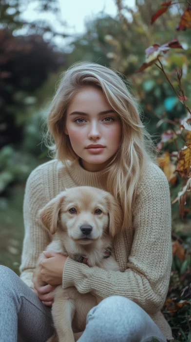 Blonde Lady with Puppy in Garden