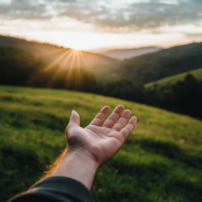 Hand in front of Green Landscape