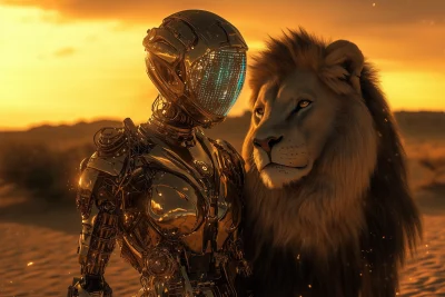 Robotic Girl and Lion in Holographic Laser Robes