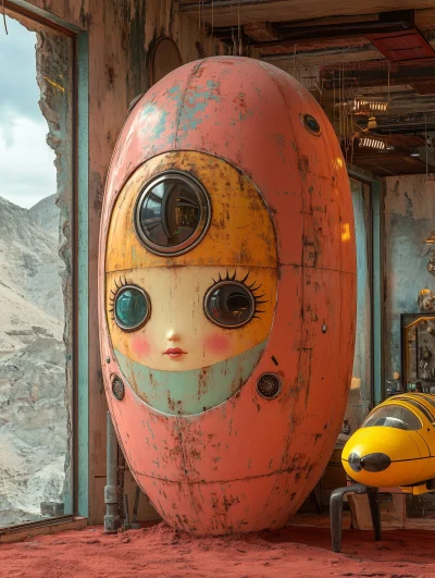 Whimsical Pink Matryoshka Doll and Yellow Submarine Drone