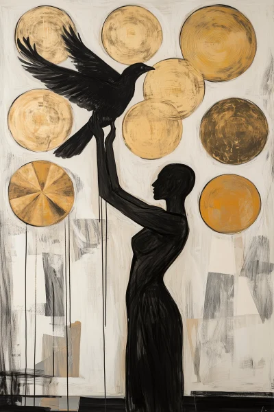 Black Female Figure with Dark Bird and Golden Discs