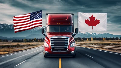 USA and Canada Flags on Freightliner Semi Truck