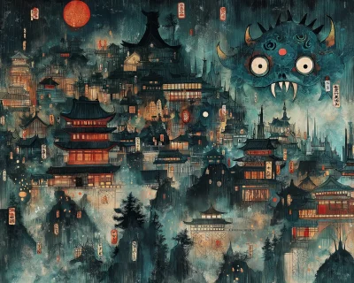 Japanese Yurei inspired cityscape