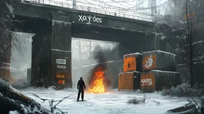 Angry man burning in front of giant concrete blocks under a bridge