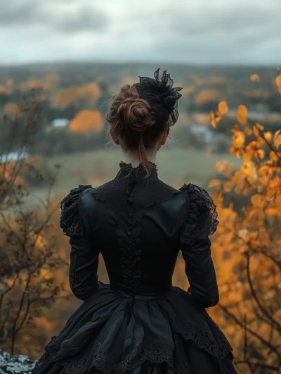 Whimsical Gothic Woman in Autumn Landscape