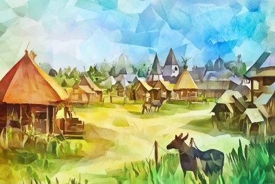 Low Poly Watercolor Cossack Village