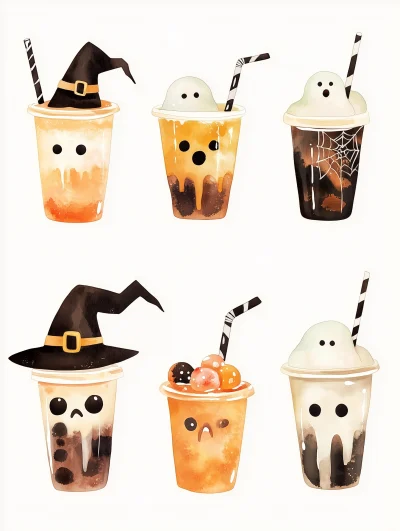 Halloween-themed Cute Coffee and Boba Clipart